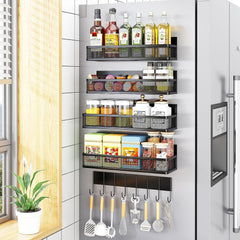 Aufworld Magnetic Spice Rack for Refrigerator, 2 Pack Magnetic Shelf, Fridge Magnet Organizer with Moveable 4 Hooks, Magnet Fridge Shelf for Kitchen Organization and Storage (2 Pack)