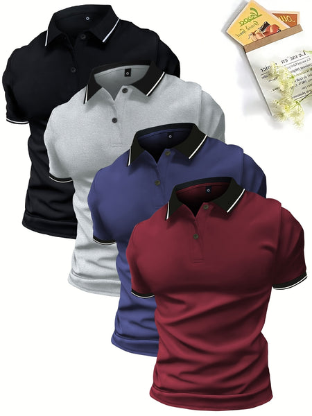 4pcs Set of Summer Lapel Men'S Polo Shirts Solid Color Short Sleeve Multicolor Golf Shirts Workwear Casual Athletic Wear Men'S Top