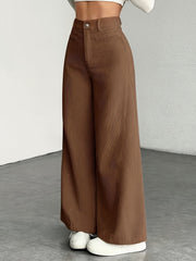 Cat Ear Orientation MS25072820 Women'S High-Waisted Wide-Leg Pants - Corduroy Texture Casual Trousers, All-Season Comfort, Machine Washable Beige Pants Three-Piece Set