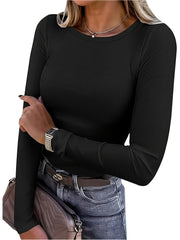 Circle Direction - 3pcs Spring/Autumn New Solid Color Round Neck Long Sleeve Loose Casual Women's T-Shirt, Machine Washable for Daily and Home Use