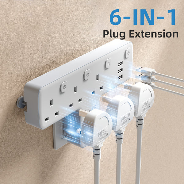 UK Plug Extension Socket with 3 USB Ports & 3 AC Outlets, Surge Protection, 180° Rotating T-Shaped Design, 3250W Power, LED Light Switch for Home Office, Electronic Device Charging | Surge Protection Feature