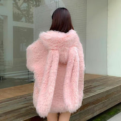 Imitation coat Women's cardigan 2025 autumn and winter new cute rabbit ears loose thickened furry sweater