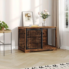 Dog Crate Furniture, 100.08cm Double Door Dog Crate with Barn Door, Dog Kennel Indoor, End Side Table Wooden Dog Crate for Small Medium Large Dog, Anti-Chew Anti-Escape, Greige, White