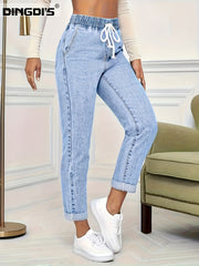 Ladies' 2026 New Elastic Waist Drawstring Slim-Fit Nine-Point Jeans, Acid-Washed Light Blue Rolled Hem Straight-Leg Denim Pants, Elegant Women'S Clothing, Tapered Pants Suitable for All Seasons, Pocketed Mom Jeans