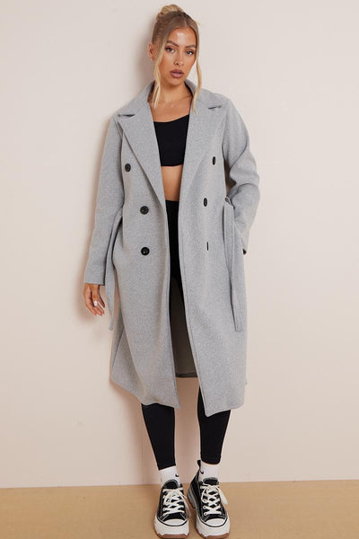 Women's Classy Solid Color Double Breasted Detachable Belted Pocket Pea Coat, Lapel Neck Long Sleeve Outerwear for Fall & Winter