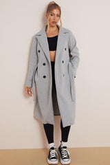 Women's Classy Solid Color Double Breasted Detachable Belted Pocket Pea Coat, Lapel Neck Long Sleeve Outerwear for Fall & Winter