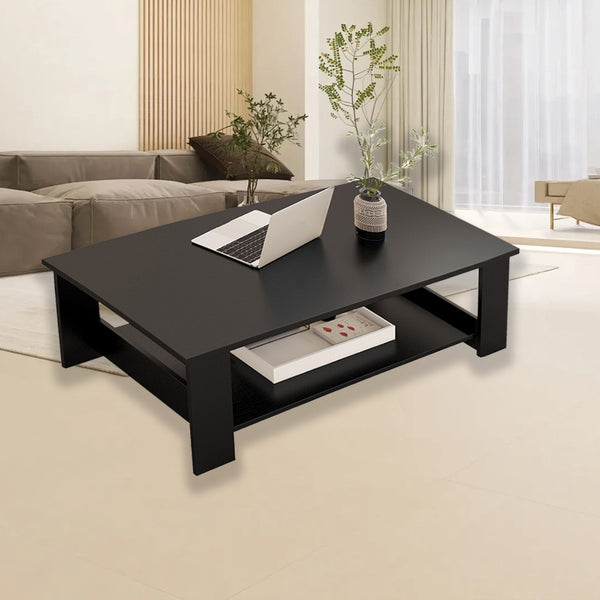 Modern Black Coffee Table with Lower Storage Shelf - Living Room Tea Side End Desk, Contemporary Design with Magazine Rack & Open Storage