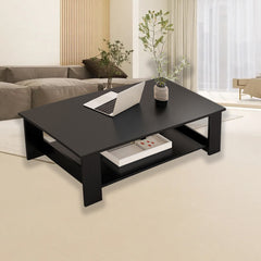 Modern Black Coffee Table with Lower Storage Shelf - Living Room Tea Side End Desk, Contemporary Design with Magazine Rack & Open Storage