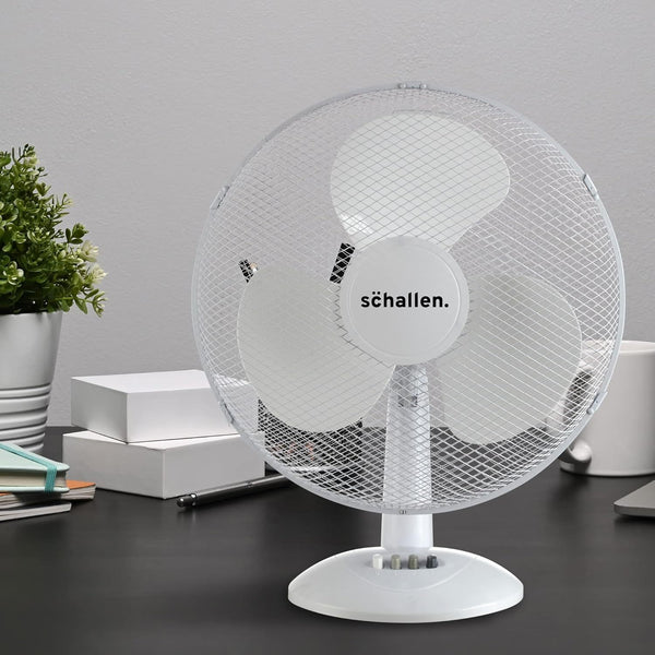 Schallen 16 Inch Electric Desk Fan Oscillating Table Fan 3 Speed Quiet Cooling Fan Adjustable Head Worktop Office Home Bedroom Air Circulator Fan Modern Design Portable Electric Desk Fan White Black or Grey UK Plug Summer Cooling Fan