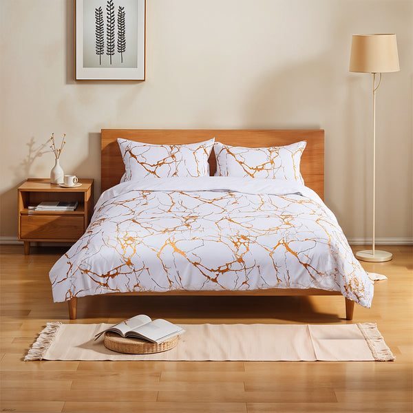 1set White Gilded Marble Pattern Duvet Cover Pillowcase Three-Piece Bedding Set with 2 Pillowcases for All Seasons and 1 Soft Duvet Cover Home Bedding Three-Piece Set
