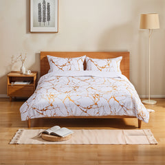 1set White Gilded Marble Pattern Duvet Cover Pillowcase Three-Piece Bedding Set with 2 Pillowcases for All Seasons and 1 Soft Duvet Cover Home Bedding Three-Piece Set