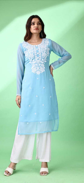 Estationeryhouse Women's Georgette Lucknowi chikankari kurti, Rose Design with Heavy Embroidery, Without Bottom