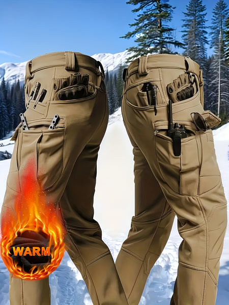 1PC Men's -Lined Warm Tactical Cargo Pants, Thick Winter Style, Multi-Pocket, Windproof Snowproof, Micro-Stretch Fabric, Suitable for Outdoor Hiking, Fishing, Casual Outings, No Belt