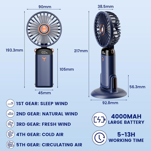 Handheld Fan Portable,Up to 13 Hrs 20DB Quiet Mini USB Rechargeable Hand Held Fans with Lanyard and Base, Battery Operated Electric Foldable Small Desk Fan with 5 Speed for Home Office Travel