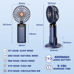 Handheld Fan Portable,Up to 13 Hrs 20DB Quiet Mini USB Rechargeable Hand Held Fans with Lanyard and Base, Battery Operated Electric Foldable Small Desk Fan with 5 Speed for Home Office Travel