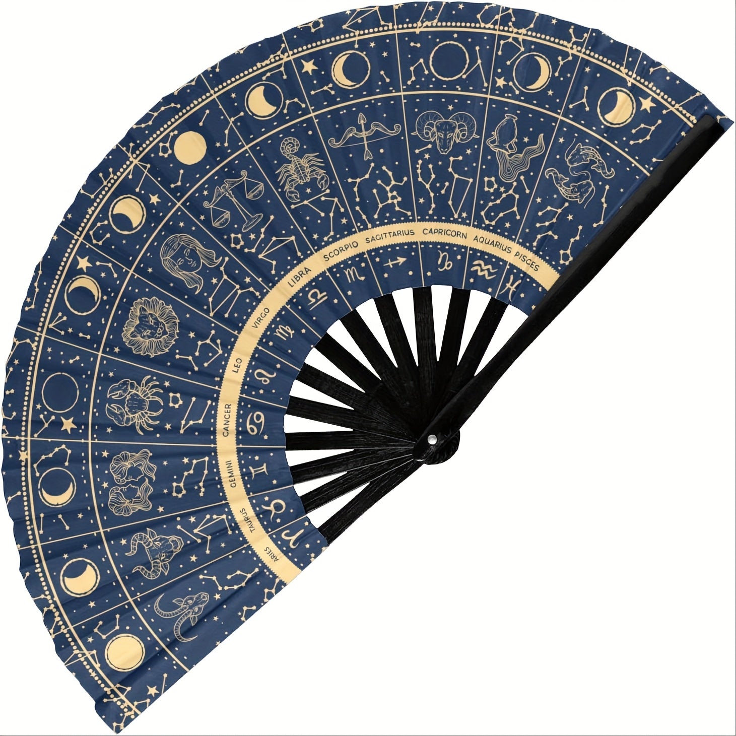 [Golden Zodiac Fan] Golden Navy Blue Zodiac Constellation Folding Hand Fan | Novelty Design for Dance Cosplay, Weddings, Parties & Role-Playing Props