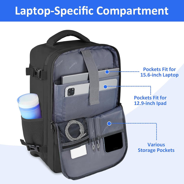 Large 45x36x20 Black Laptop Backpack for Women, Cabin Bag for EasyJet Underseat Use, Carry On Rucksack with Shoe Pouch, Organiser Pockets for Office, School, Travel and Daily Commute