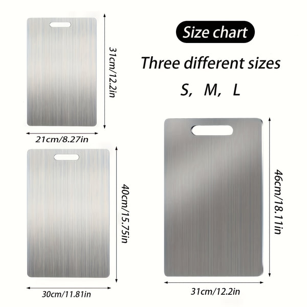 Three Durable Stainless Steel Plates That Are Easy to Care For, Ideal for Slicing Fruits, Vegetables, Meat, And Bread. They Come with Safe Cutting Boards And Are Easy to Clean, Making Them Versatile Kitchen Tools for Meal Preparation