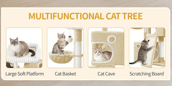 98cm Cat Tree, Cat Tower for Indoor Cats, Multi-Level Cats House Furniture with Scratching Post, 2 Caves, Large Platform, Scratching Ramp, Pompom, Light Grey