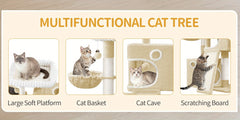 98cm Cat Tree, Cat Tower for Indoor Cats, Multi-Level Cats House Furniture with Scratching Post, 2 Caves, Large Platform, Scratching Ramp, Pompom, Light Grey
