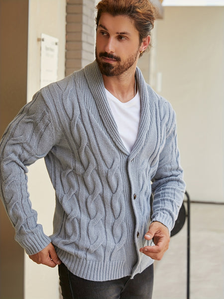 Men'S Solid Cable Knit Cardigan Fall Winter Button-Up Knit Coat