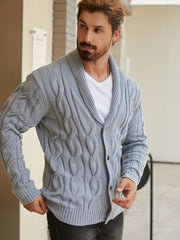 Men'S Solid Cable Knit Cardigan Fall Winter Button-Up Knit Coat