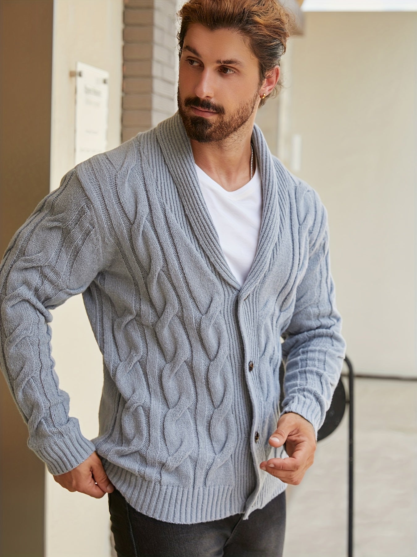 Men'S Solid Cable Knit Cardigan Fall Winter Button-Up Knit Coat