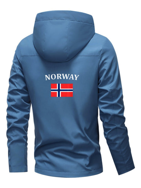 Men'S & Women'S Windproof Jacket with Norway Flag Print - All-Season Outdoor Windbreaker, Full-Zip Hooded Coat with Zippered Pockets, Machine Washable Polyester for Hiking, Camping, Travel - Beige/White Color Scheme, Hiking Gear, Casual Outerwear