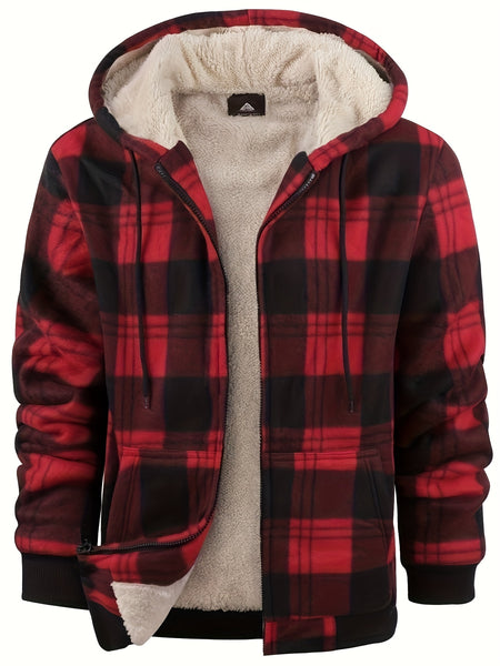 Men's Heavyweight -Lined Hooded Jacket - Full-Zip Plaid Thickened Shirt with Pockets and Adjustable Drawstring, Comfortable and Warm for Autumn and Winter