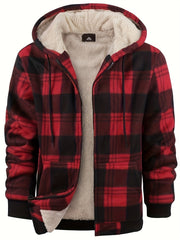 Men's Heavyweight -Lined Hooded Jacket - Full-Zip Plaid Thickened Shirt with Pockets and Adjustable Drawstring, Comfortable and Warm for Autumn and Winter