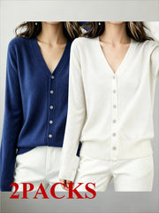 2pcs Women's Lightweight V-Neck Button- Cardigan Sweater Coat - Soft Breathable -Line Button Front Closure, Solid Color -Compatible for Daily Office, Vacation & Streetwear, Spring Summer Outerwear (Regular Fit)