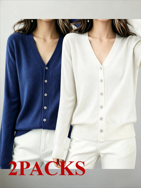 2pcs Women's Lightweight V-Neck Button- Cardigan Sweater Coat - Soft Breathable -Line Button Front Closure, Solid Color -Compatible for Daily Office, Vacation & Streetwear, Spring Summer Outerwear (Regular Fit)