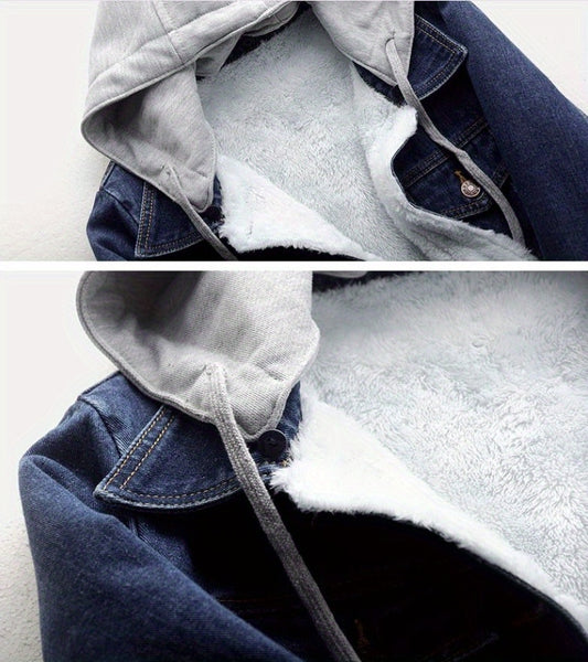 Women's denim hooded winter jacket with pockets - Warm panel design, detachable hood, casual autumn/ winter jacket, comfortable for outdoor wear, Women's winter denim, Cold Weather Wear, Seasonal Fashion, Retro Style, Quality Stitching, Casual Attire