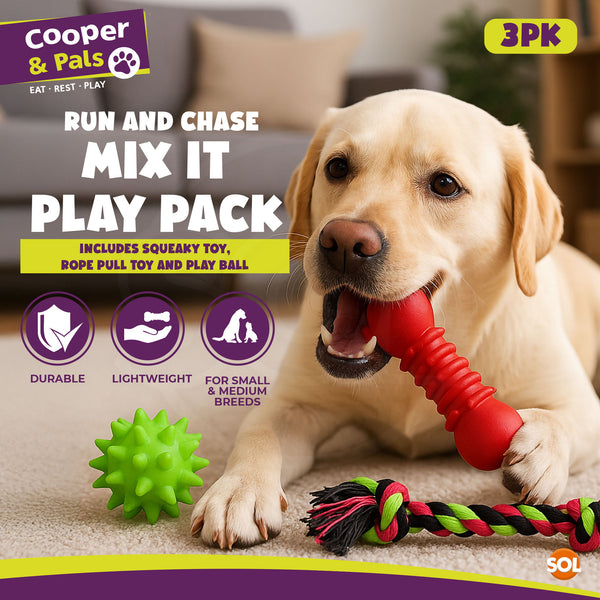 Mix It Play Pack 3pk Dog Toy Set | Includes Rope Pull Toy, Squeaky Bone & Play Ball | Durable, Lightweight Toys for Small & Medium Dogs | Great for Chewing, Tugging & Fetching