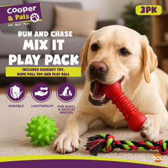 Mix It Play Pack 3pk Dog Toy Set | Includes Rope Pull Toy, Squeaky Bone & Play Ball | Durable, Lightweight Toys for Small & Medium Dogs | Great for Chewing, Tugging & Fetching