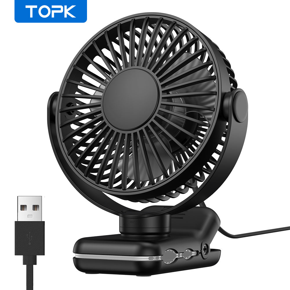 TOPK USB Clip-On Fan, 3-Speed Adjustable Airflow, 720° Flexible Rotation, Low Noise Operation, Portable Clamp Fan for Home, Office, Library, Blue