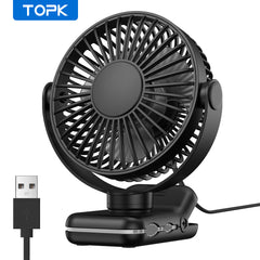 TOPK USB Clip-On Fan, 3-Speed Adjustable Airflow, 720° Flexible Rotation, Low Noise Operation, Portable Clamp Fan for Home, Office, Library, Blue