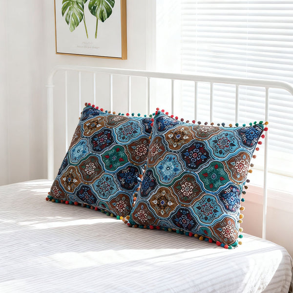 18x18 Inch Reversible Turkish Pattern Pillows (Set of 2 with Inserts) - Romantic Turkey Boho Floral Double Sided Design, Premium Polyester Cover & Fill, Decorative Accent Pillows for Sofa, Chair, Bedroom