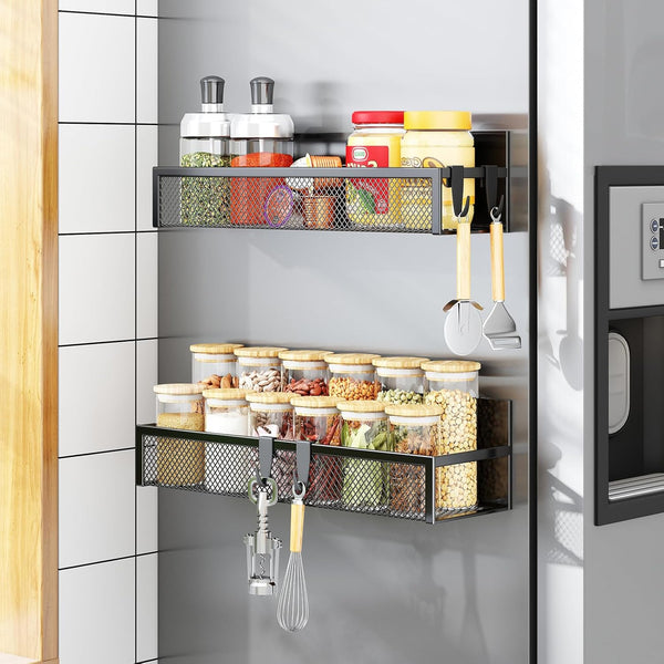 Aufworld Magnetic Spice Rack for Refrigerator, 2 Pack Magnetic Shelf, Fridge Magnet Organizer with Moveable 4 Hooks, Magnet Fridge Shelf for Kitchen Organization and Storage (2 Pack)