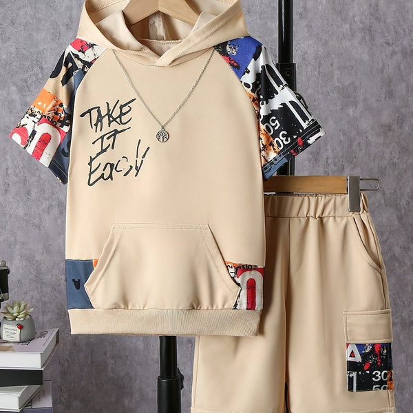 Boys' Summer Casual Trendy Letter Print Hooded Short Sleeve Top + Elastic Waist Loose Fit Sports Shorts Two-Piece Set, Perfect for Outdoor