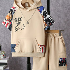 Boys' Summer Casual Trendy Letter Print Hooded Short Sleeve Top + Elastic Waist Loose Fit Sports Shorts Two-Piece Set, Perfect for Outdoor