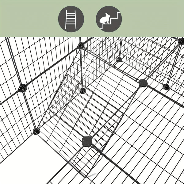 Pet Enclosure, 2 Levels, Modular Enclosure for Small Animals, Hamsters, Rabbits, Guinea Pigs, Mesh Panels, Indoor Use, 143 X 73 X 71 Cm