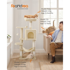 112 cm Cat Tree, Multi-Level Soft Plush Cat Tree, Cat Tower Condo with 4 Cat Scratching Posts, Hammock, Cave, Platform, Toys, Pink/White/Beige/Grey, Easy Assembly and Sturdy, Indoor Cat Furniture