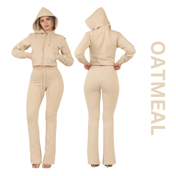 ZIPLORE Women'S Cropped Zip Hoodie and High-Waisted Bell Bottom Trousers Lounge Set for Casual, Athleisure & Streetwear - Suits, Womenswear Long Sleeve Minimalist Suits Womenswear Comfort Adjustable Clothing Drawstring Elegant Everyday Chic Loungewear Mat