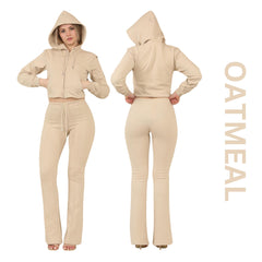 ZIPLORE Women'S Cropped Zip Hoodie and High-Waisted Bell Bottom Trousers Lounge Set for Casual, Athleisure & Streetwear - Suits, Womenswear Long Sleeve Minimalist Suits Womenswear Comfort Adjustable Clothing Drawstring Elegant Everyday Chic Loungewear Mat