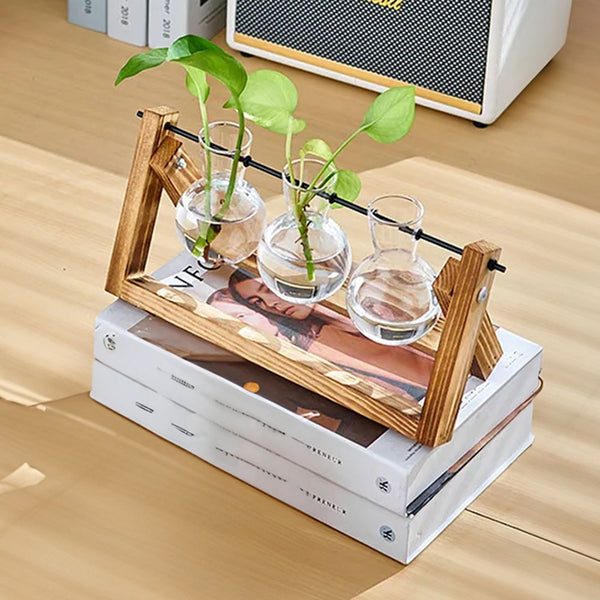 Multi-Tube Plant Propagation Station with Wooden Stand & Metal Swivel Holder, Desktop Retro Plant Terrarium Bulb Vase for Indoor Hydroponic Flowers, Tabletop Glass Planter Housewarming Gifts for Plant Lovers, 28x13.8cm (3 Tubes)