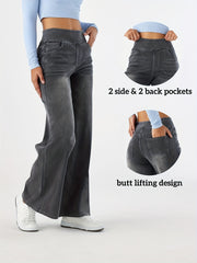 Women'S High-Waist Stretch Denim Wide-Leg Pants with Multiple Pockets, Distressed Vintage Casual Denim Long Pants