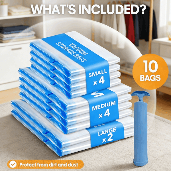 11pcs Vacuum Compression Storage Bags Set with Portable Hand Pump - Large + Medium + Small + Hand Pump - Suitable for Bedding, Clothes, Travel Essentials, Luggage Vacuum Seal Bags, Thickened Material, No Electricity Required