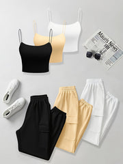 6pcs Women'S Casual Short Camisole And Elastic Waist Pocket Work Pants Set for Spring And Summer, Solid Color Everyday Outfit