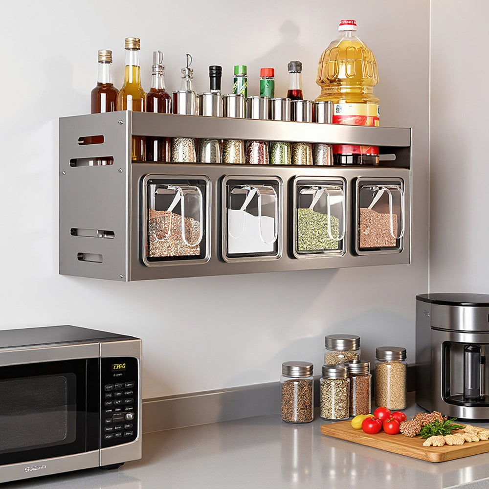 Double Layer Aluminum Spice Rack Condiment Rack, Wall-Mounted No-Drill Kitchen Organizer with 4-Drawer Spice Jars, Condiment Holder Set, Grey